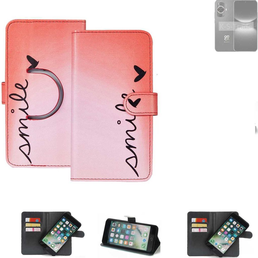 K-S-Trade Schutzhülle Handyhülle kompatibel mit Huawei nova 12 Lite Hülle cover bookstyle Etui ''smile'' rot Standfunktion Kameraschutz (1Stk)