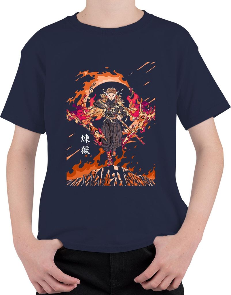 煉獄 Rengoku Hashira Anime Schwert Feuer Geschenk Sammler Uni Kinder T-Shirt, Navy, 116