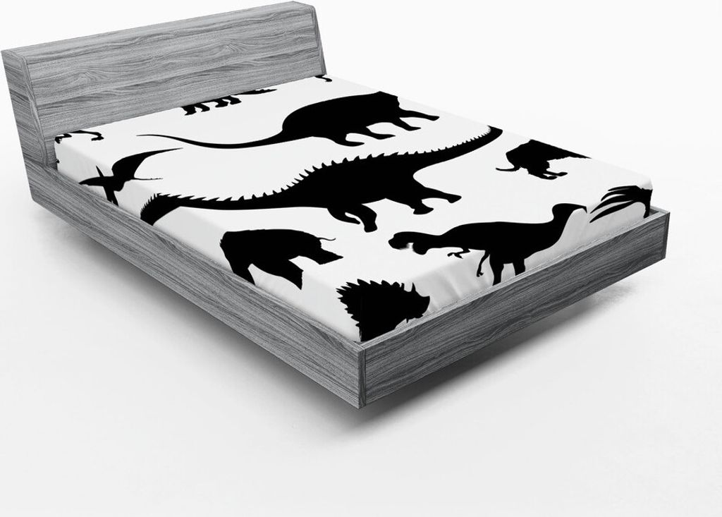 ABAKUHAUS Dinosaurier Spannbetttuch, Verschiedene schwarze Dino-Schattenbilder Jura-Entwicklungs-Löschung-Raubtier-Tiere, 140 x 200 cm, Schwarz