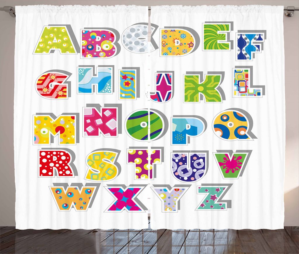ABAKUHAUS Briefe Rustikaler Gardine, Alphabet Set Bunte, Schlafzimmer Kräuselband Vorhang mit Schlaufen und Haken, 280 x 245 cm, Mehrfarbig