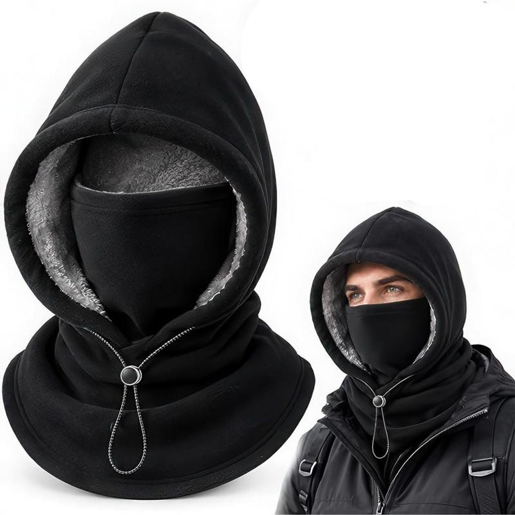 3-in-1 Sturmhaube Fleece Schwarz, Winter Gesichtsschutz mit Produktbild 