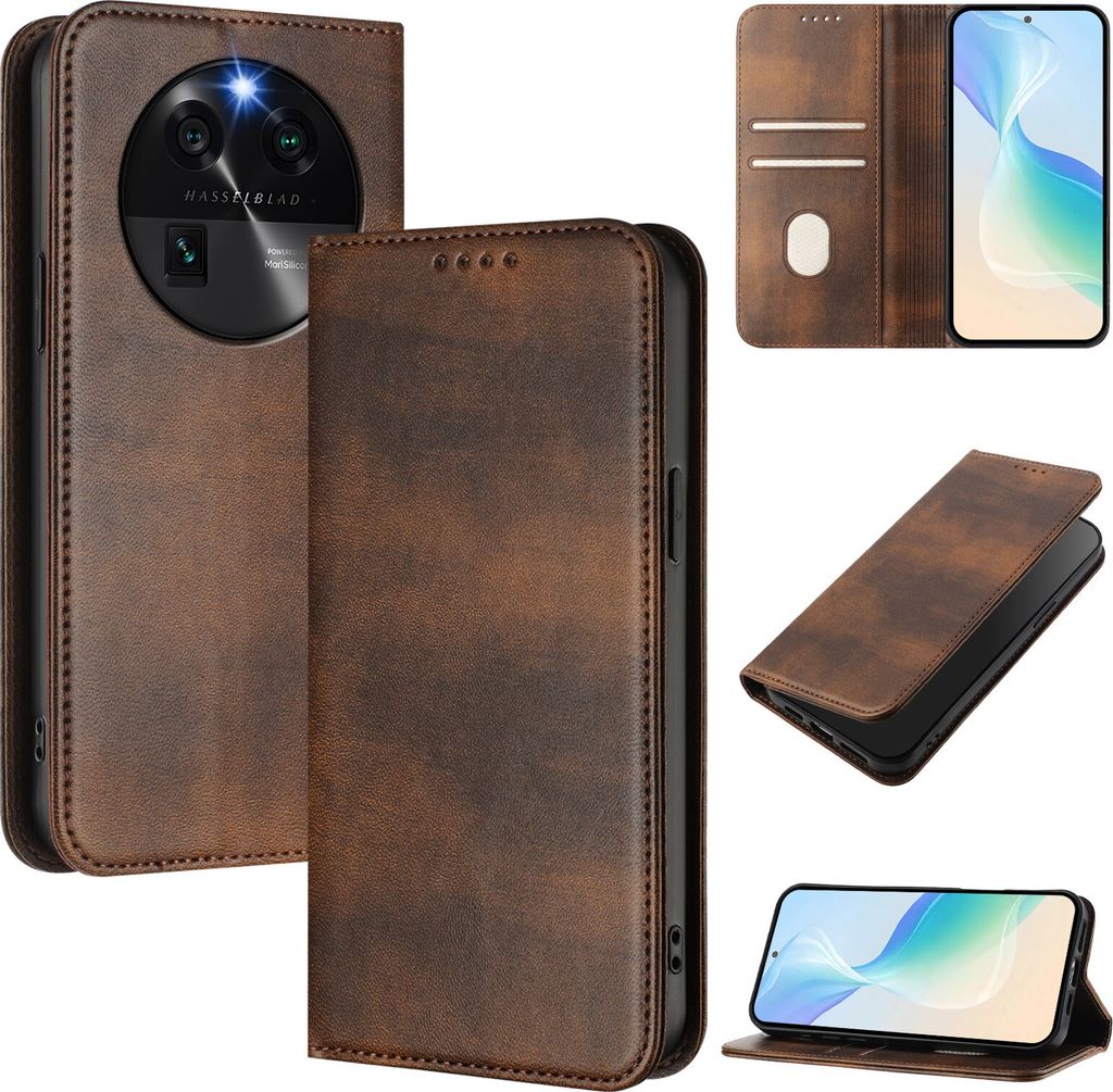 Handyhülle für Oppo Find X6, Vintage Leder RFID Schutz Kartenfach Standfunktion Magnetische Klapphülle Braun