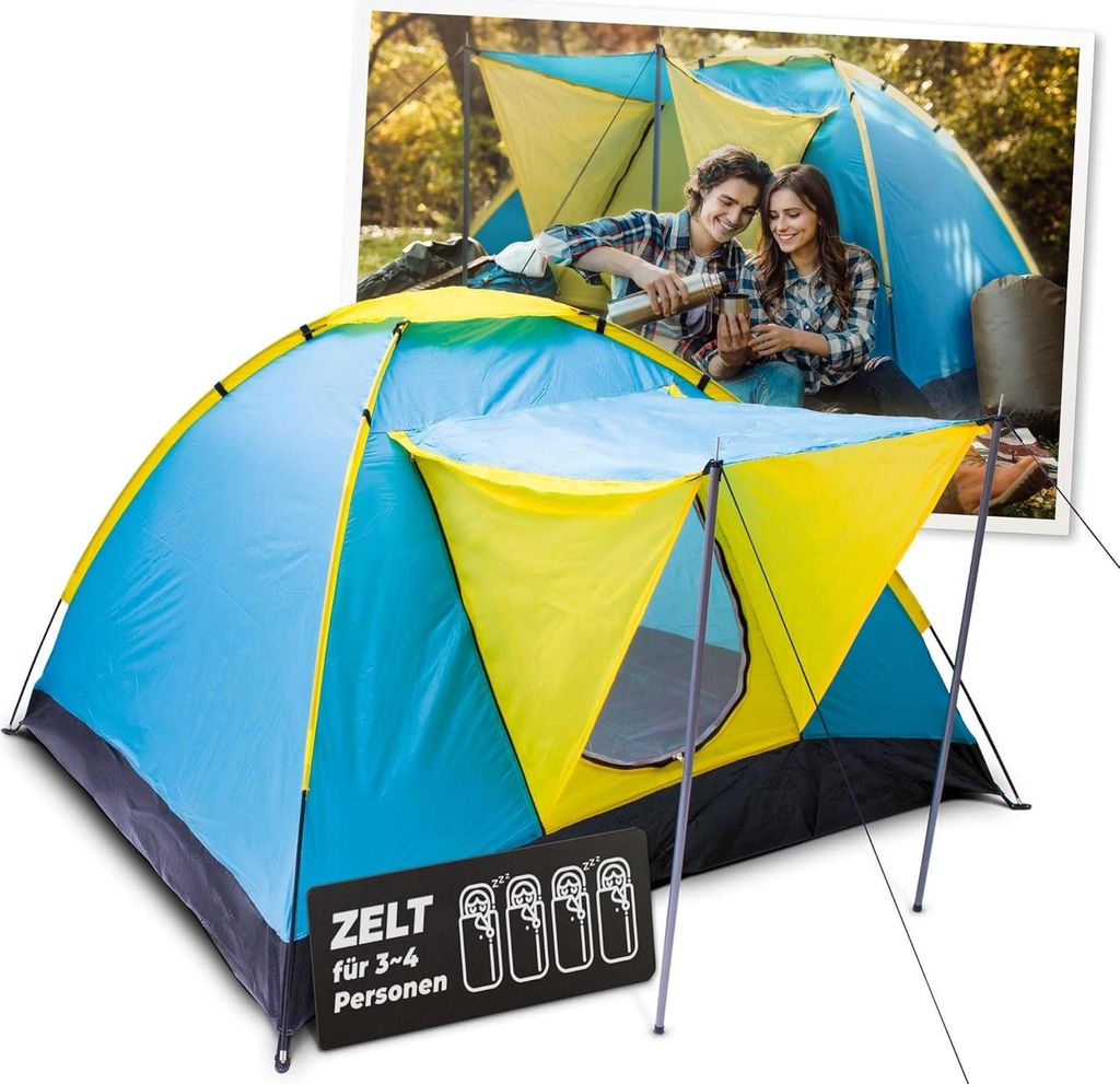 STREND PRO Campingzelt 4 Personen 205x205x120 cm – Zelt MIT VORZELT - Wurfzelt mit Markise, Kuppelzelt Wasserdicht, großes für Urlaub & Festival