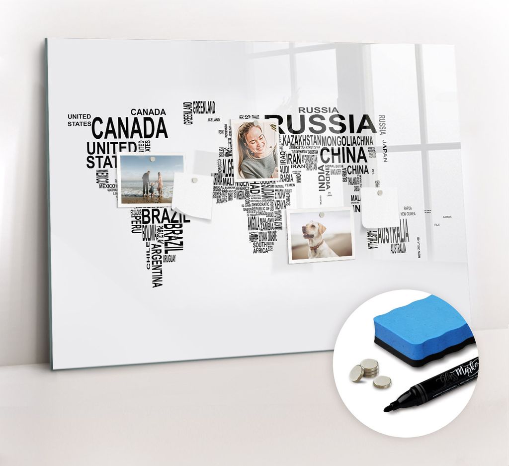 Magnetpinnwand Memoboard - Zubehörsatz - Schwarzer Marker + Schwamm + Magnete - 100 x 70 cm - Kontinente aus Briefen