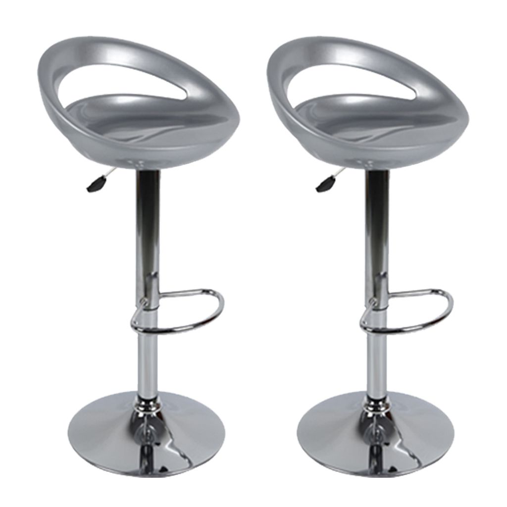 Two silver bar stools are shown against a white background.