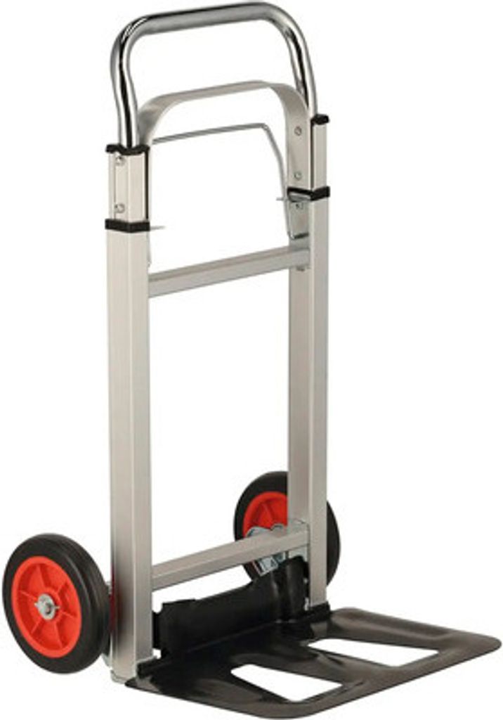 A silver and black foldable hand truck with red wheels, shown against a white background.