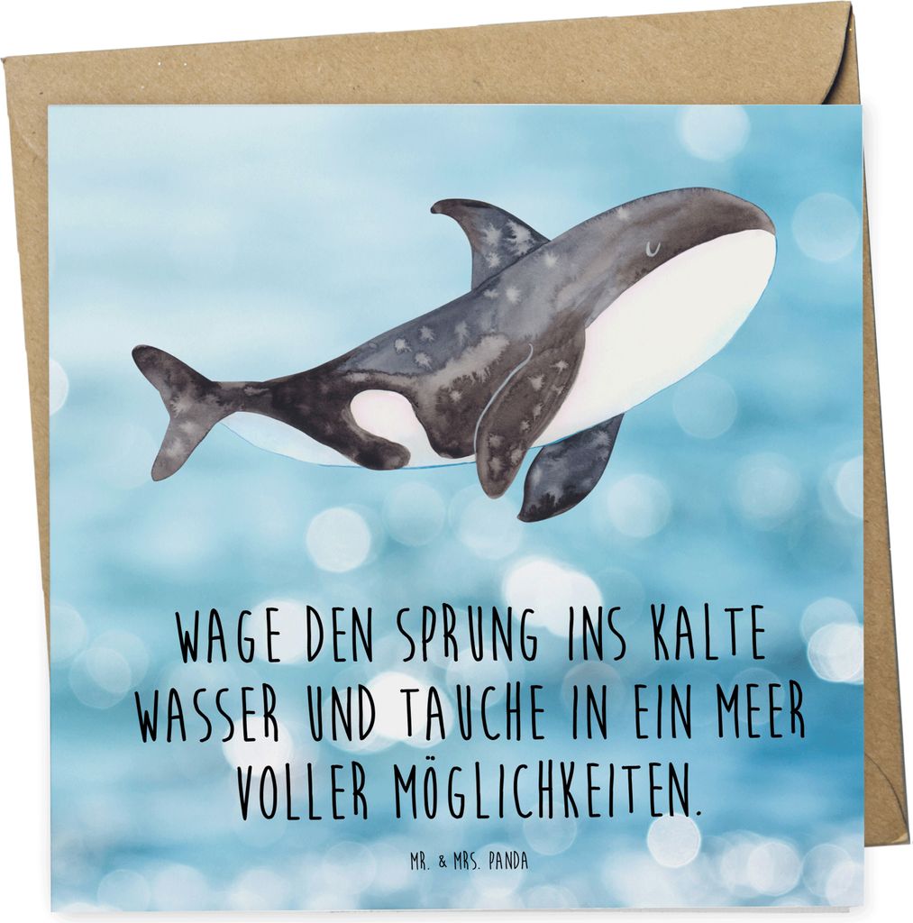 Mr. & Mrs. Panda Grußkarte Orca - Oceanblue - Geschenk, doppelkarte, Glückwunschkarte, faltkarte, Büro, Meer, Orcas, Motivation, anlasskarte, Wa...