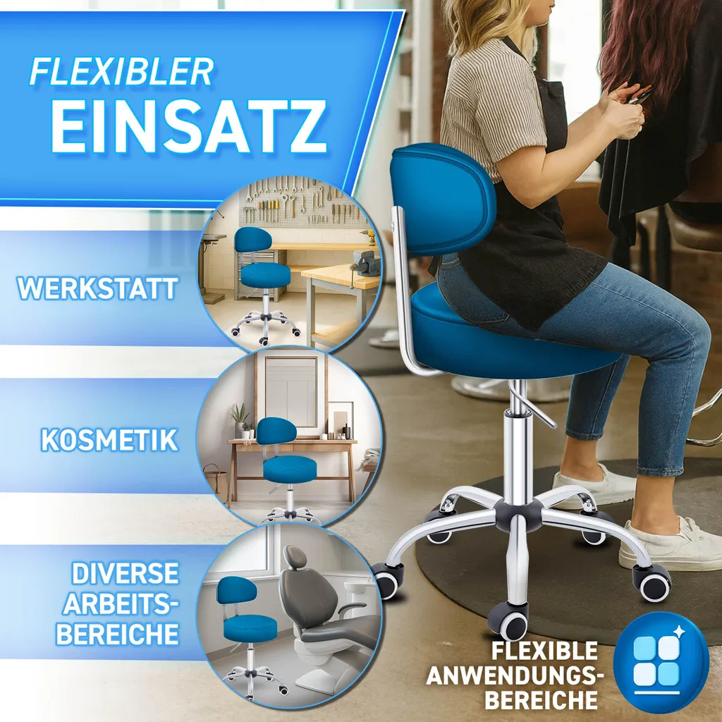 Tabouret de bureau à roulettes bleu idéal pour cabinet ou atelier - 4