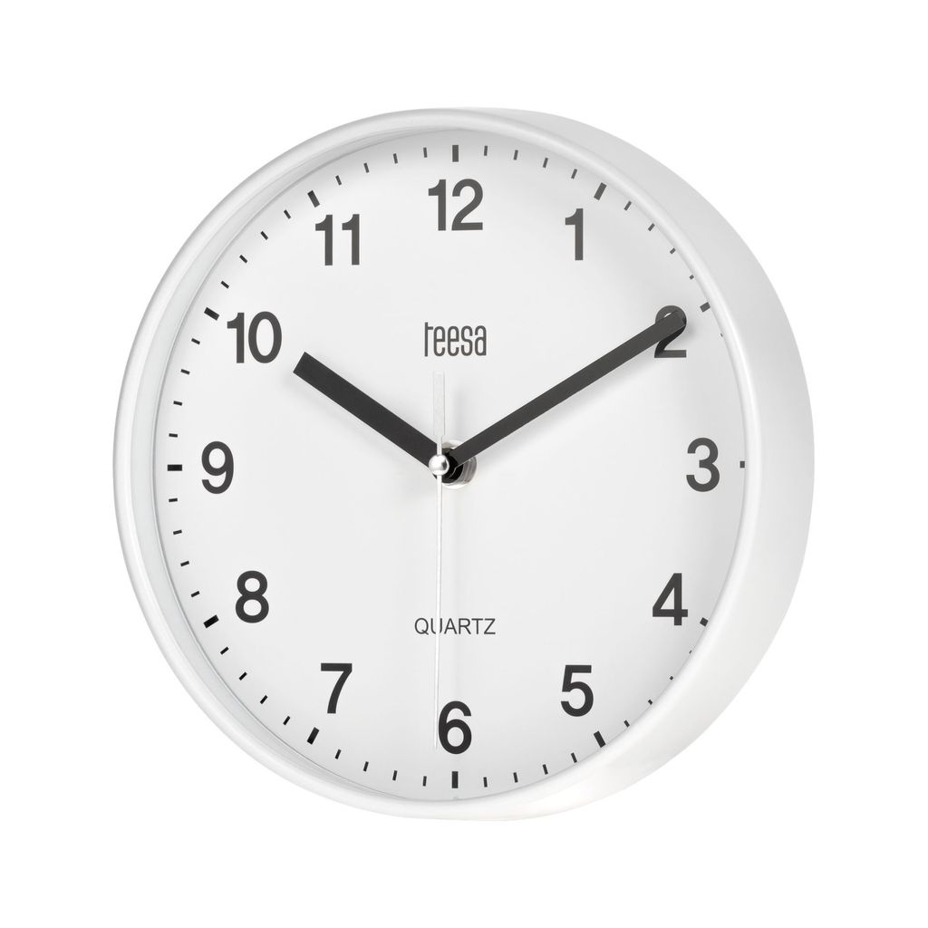 A white analog wall clock with black hands and numbers, shown against a white background.