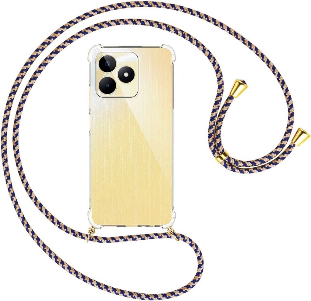 Handykette Backcover-Schutzhülle mit Band (Metall goldfarben) für Realme C53 (RMX3760, 6.74'') - blau+beige