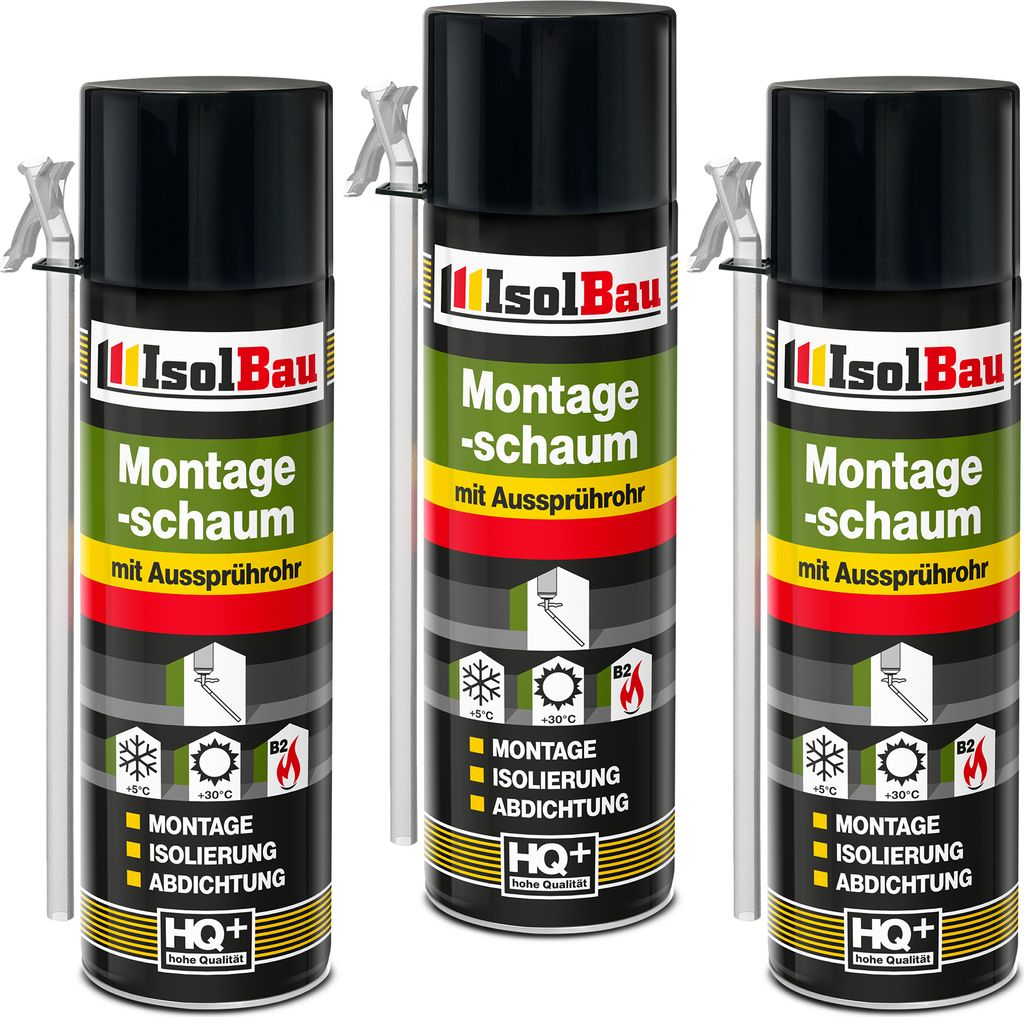 Isolbau 3 x 500 ml Montageschaum mit Aussprührohr - PolyurethanBauschaum für Montage, Isolierung, Abdichtung, Innen & außen