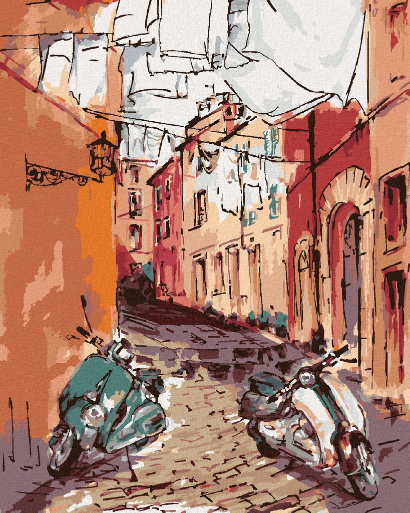 Zuty - Malen nach Zahlen - MOTORROLLER IN DER GASSE, 40x50 cm, mit Keilrahmen (bereits gespannt)
