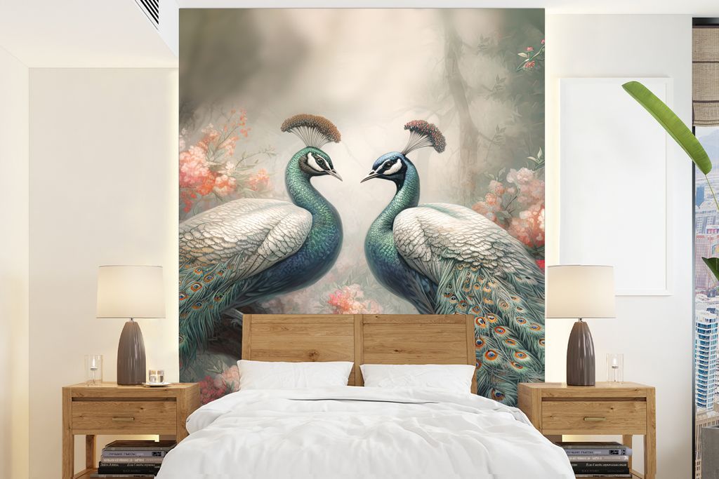 MuchoWow Fototapete für Wohnzimmer oder Schlafzimmer Wandtapete Vinyl Motivtapete Pfaue - Pfauenfedern - Vögel - Natur - 165x220 cm - Wanddekor...