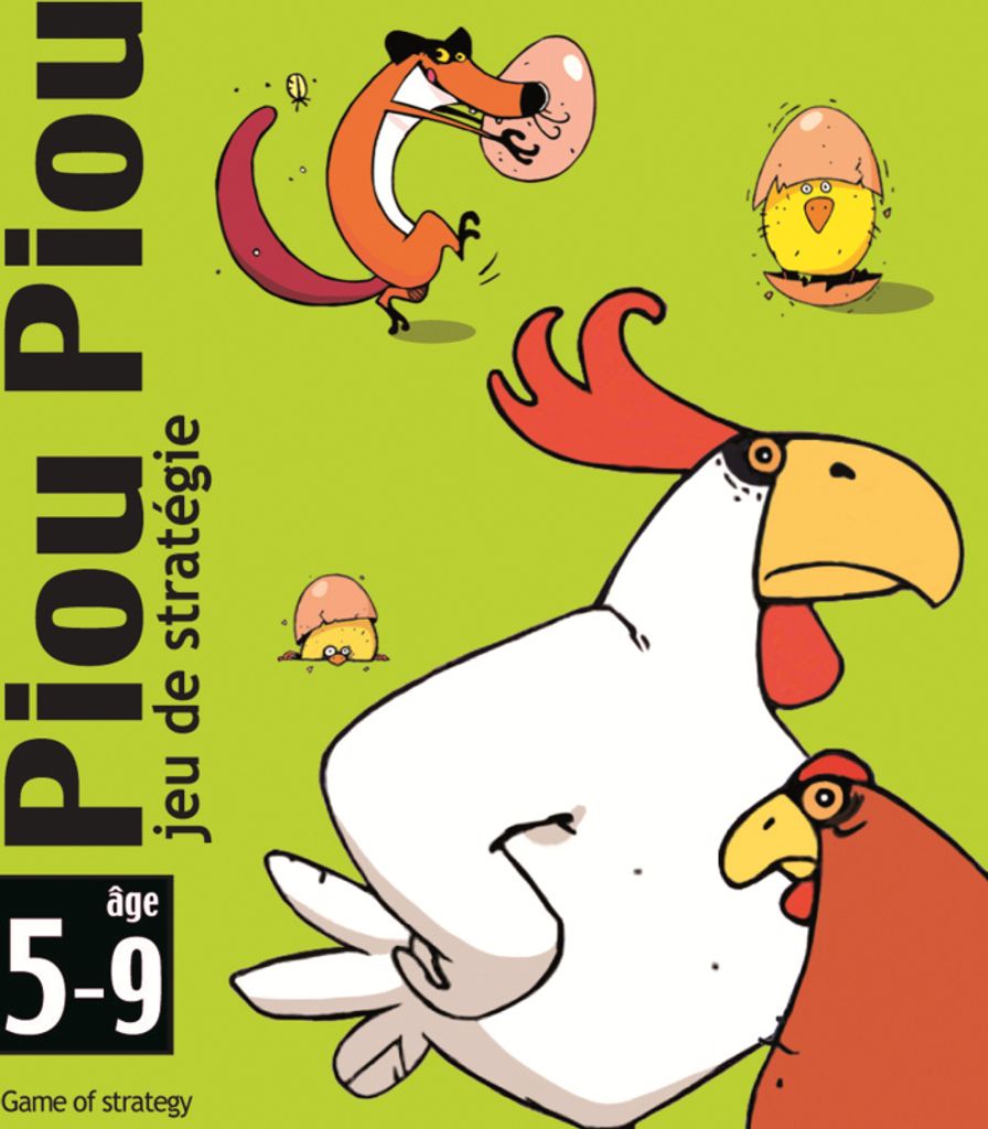 A cartoon illustration of chickens and a fox with eggs, on a green background.