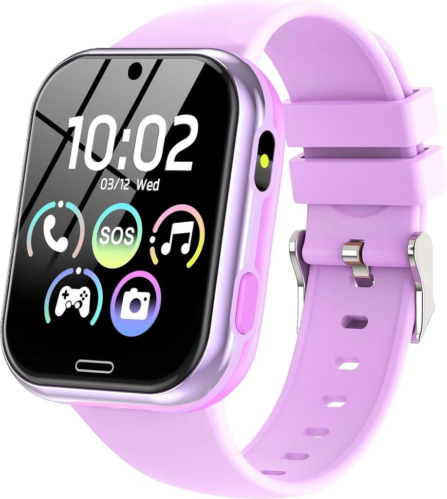 Kinder Smartwatch Mädchen Jungen 4–10 Jahre mit Telefonfunktion SOS Kamera Musik Spiele Schrittzähler Wecker Taschenlampe Geschenk Uhr Lila