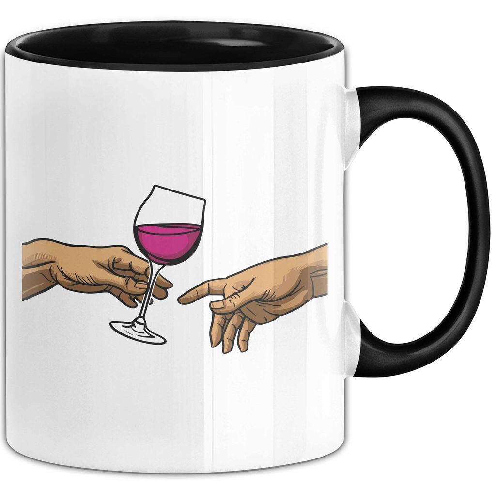 Weinliebhaber Tasse Geschenk Erschaffung Von Adam Kunst Geschenkidee 2 Hände Finger Rotwein Wein Liebhaber (Schwarz)