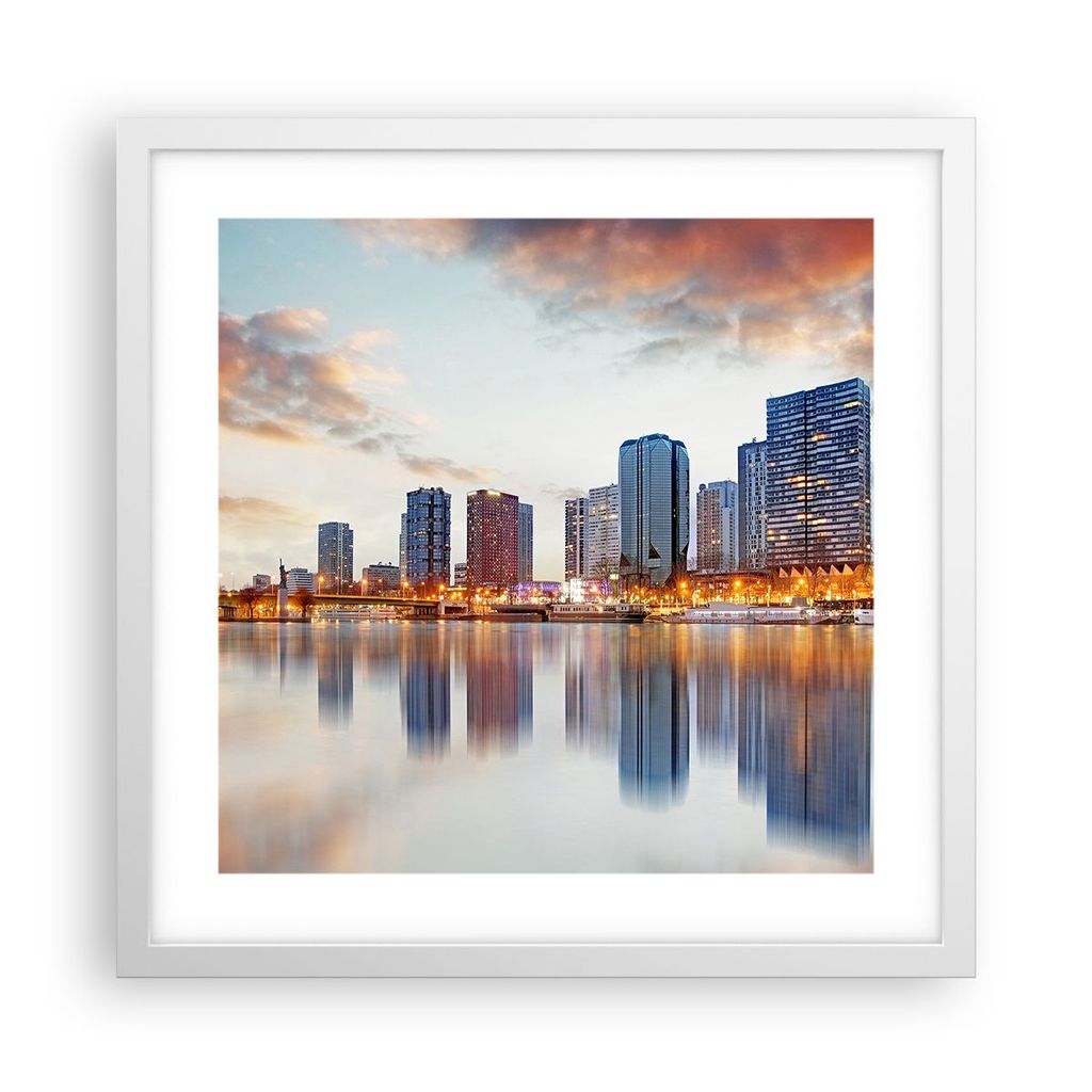 Gerahmtes Poster - Weißer Rahmen - Fluss Wolkenkratzer Ansicht Eiffle - 40x40 cm - Wand Bild - Wanddeko - Wandbilder - Wandposter - Bilderrahmen -...