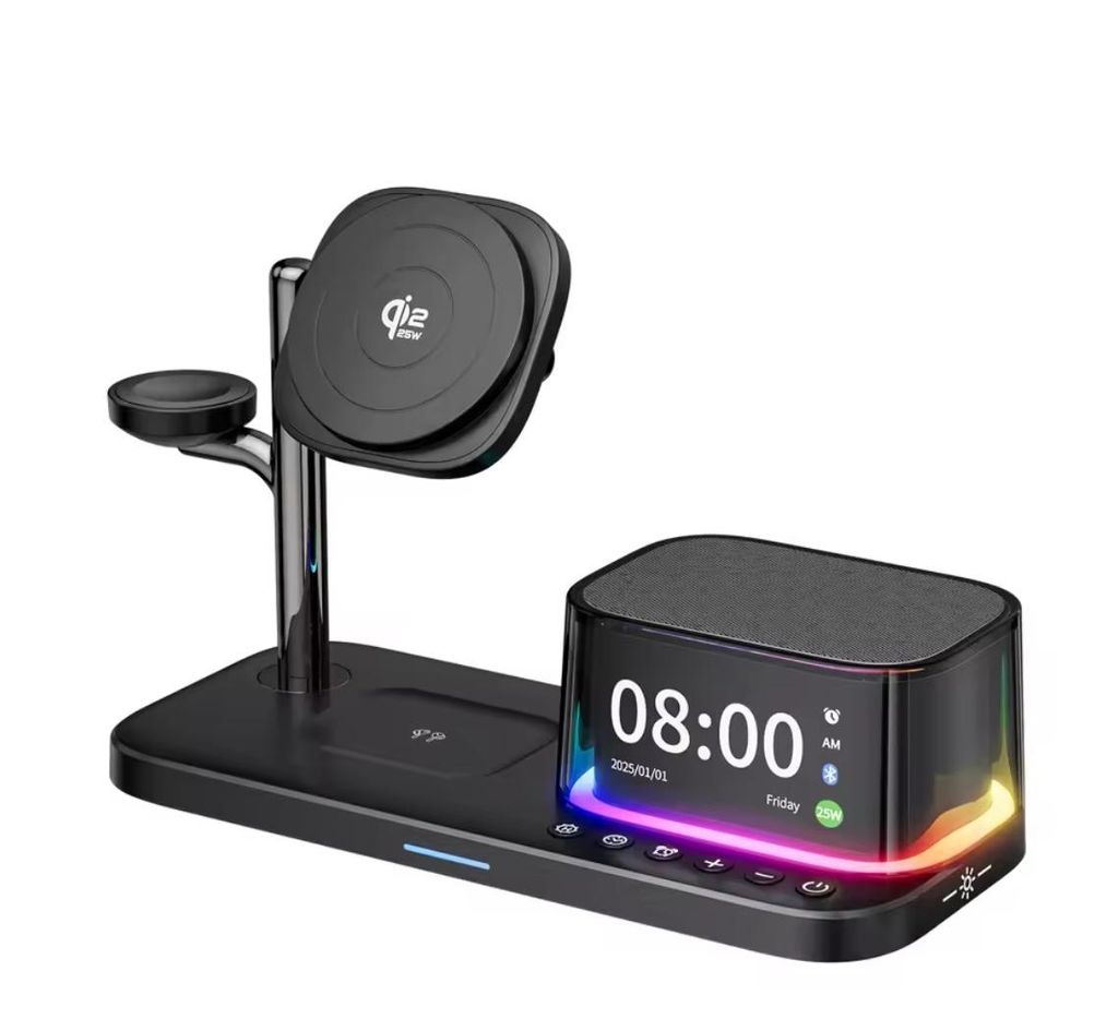 Qi2 25 W 5-in-1-Magnetischer kabelloser Ladeständer mit Lautsprecher 25 W Schnellladung für iPhone 17, 16, 15 Pro Max, AirPods, iWatch