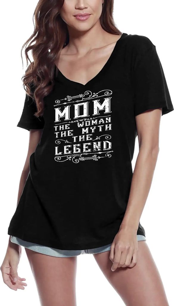 Damen Grafik T-Shirt V-Ausschnitt Mama die Frau Mythos Legende – Mom The Woman Myth Legend – Öko-Verantwortlich Vintage Jahrgang Kurzarm Lusti...