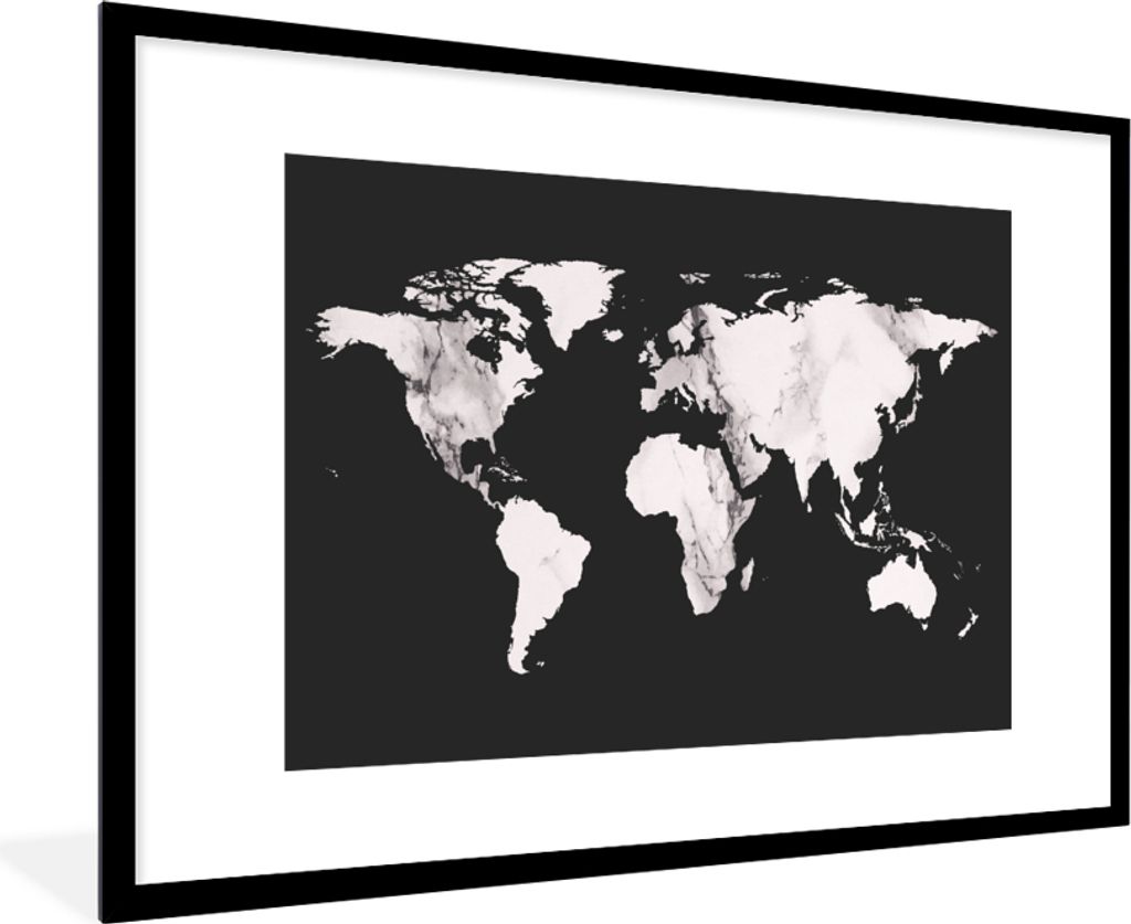 MuchoWow MuchoWow Gerahmtes Poster Weltkarte - Marmor - Weiß 90x60 cm - Poster mit zchwarzem Bilderrahmen - Wanddekoration - Fotos