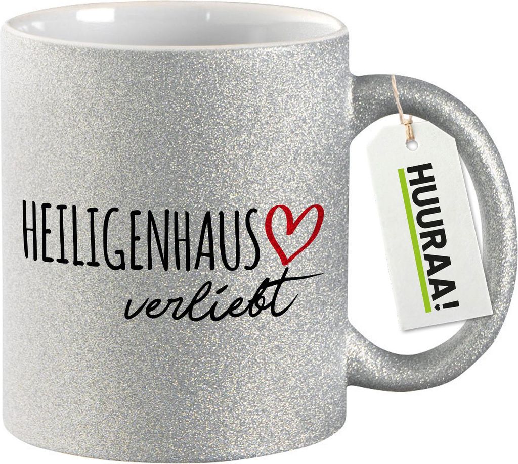 Huuraa Glitzertasse Heiligenhaus verliebt 330ml Silber Keramik Kaffeebecher Geschenkidee
