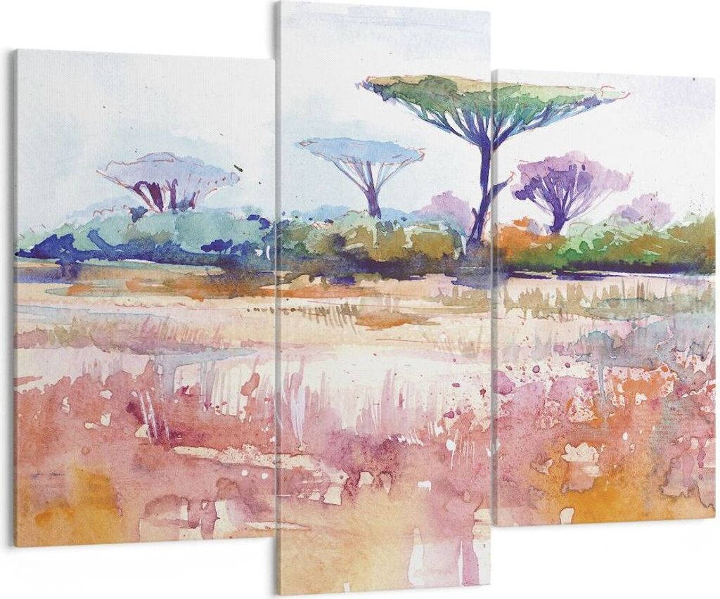 Bild auf Leinwand - Leinwandbild - 3 Teile - Aquarell Savanne Bäume - 130x100cm - Wand Bild - Wanddeko - Wandbilder - Leinwanddruck - Bilder - Wan...