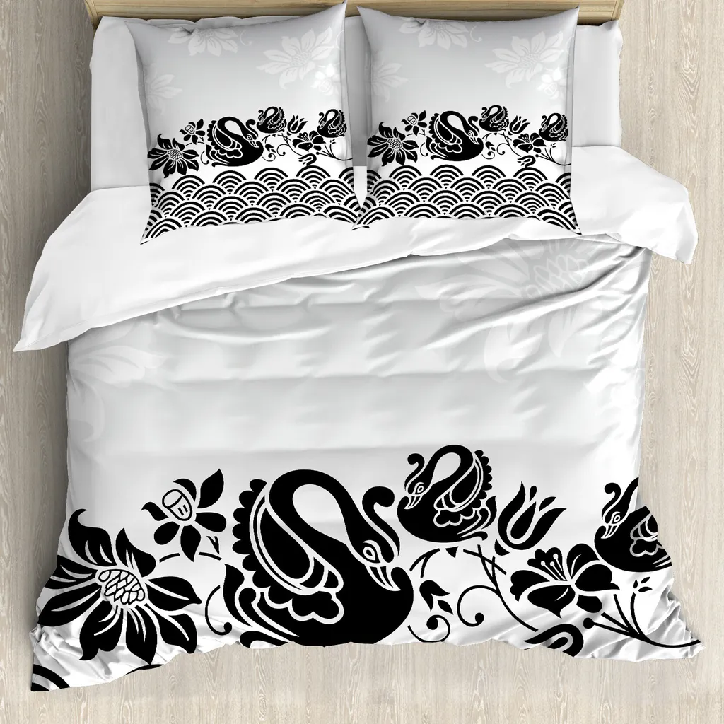 Copripiumino ABAKUHAUS Schwan Cigni Neri - Set Letto 155x220cm Antiacaro