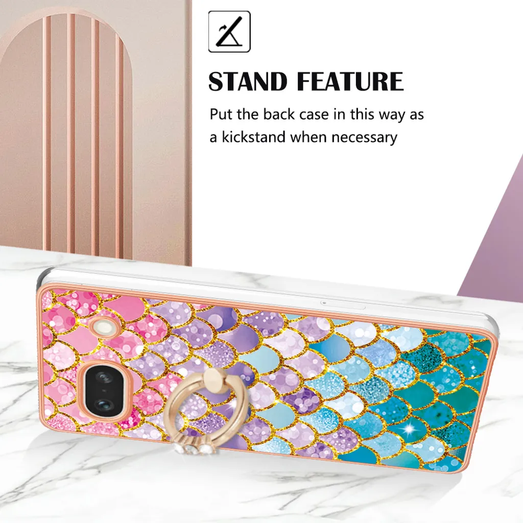 Cover Google Pixel 7A Marmo con Supporto Anello - Custodia TPU Gold