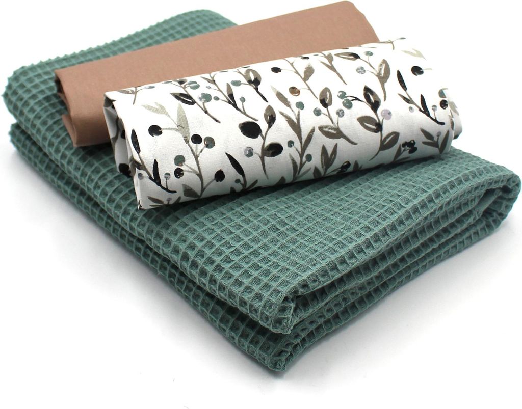 Oliven Beeren Set11 Waffelstoff Set 1x Waffelstoff + 2x Baumwollstoff Druck und Uni je 0,5m x 1,5m Stoffpaket DIY Projekt