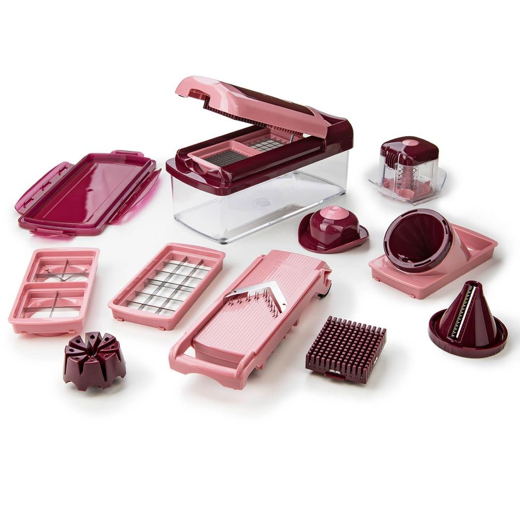 A collection of kitchen cutting tools and accessories arranged on a white background.