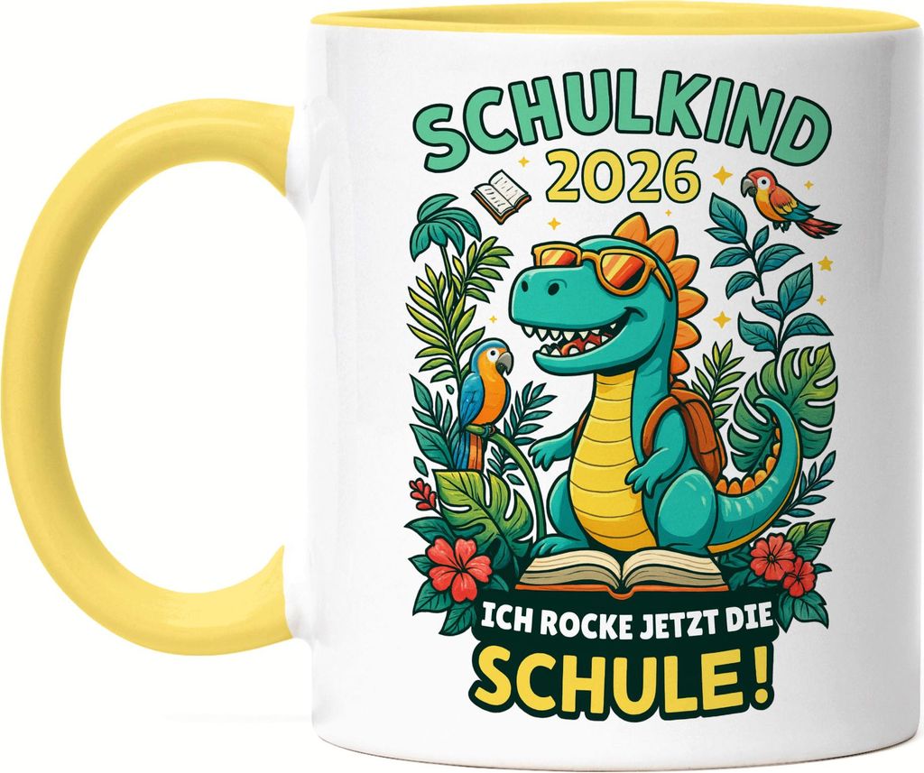 Schulkind 2026 Dino Tasse Gelb Ich rocke jetzt die Schule Einschulung Geschenk Erstklässler Kinder lustiges Motiv