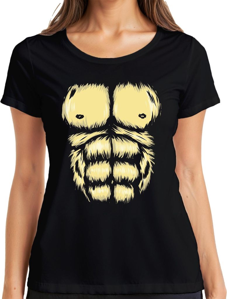 Gorilla Fell Sixpack Brust Muskel Halloween Karneval Kostüm Damen T-Shirt, Schwarz, XXL