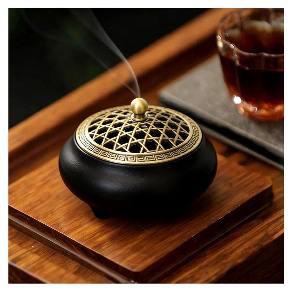 Vintage Keramik Räuchergefäß mit Metalldeckel und feuerfester Baumwolle, geeignet für Weihrauch/Kegel/Coil/Stäbchen, chinesisches Porzellan f...