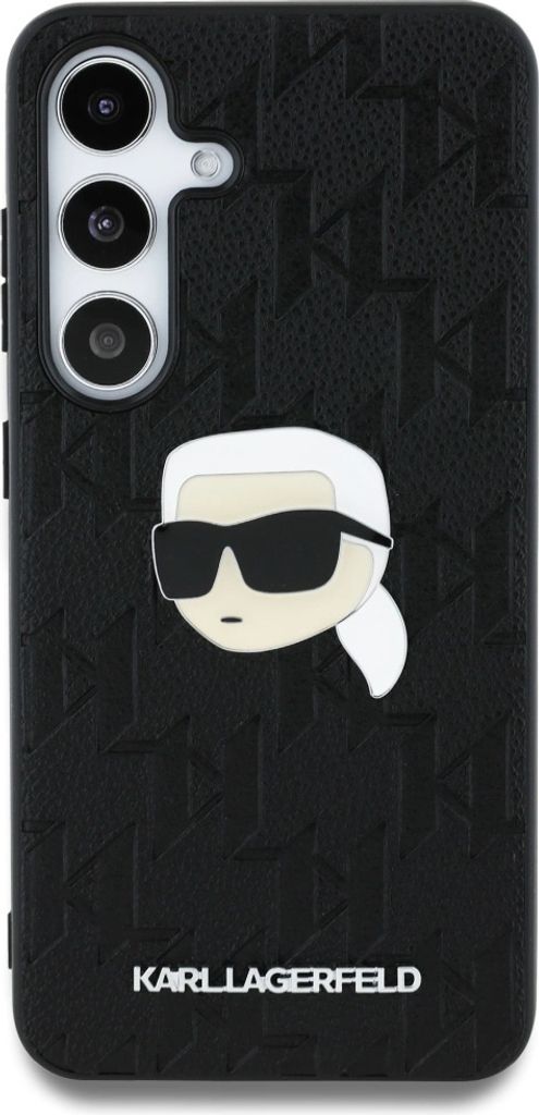 A black phone case with a Karl Lagerfeld K. Head Pin design and the brand name at the bottom.