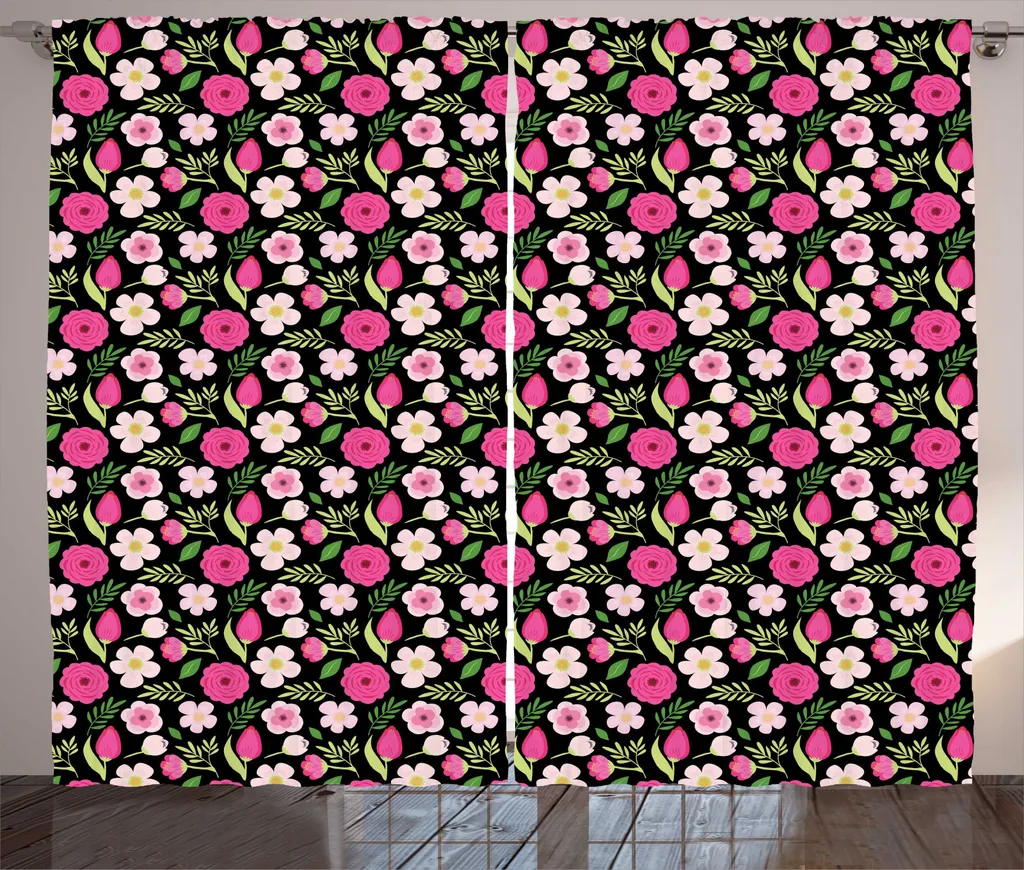 ABAKUHAUS Fiori Tenda rustica, petali, foglie e steli, soggiorno Nastro universale Tende con passanti e ganci, 280 x 245 cm, rosa Rosa pallido Verde
