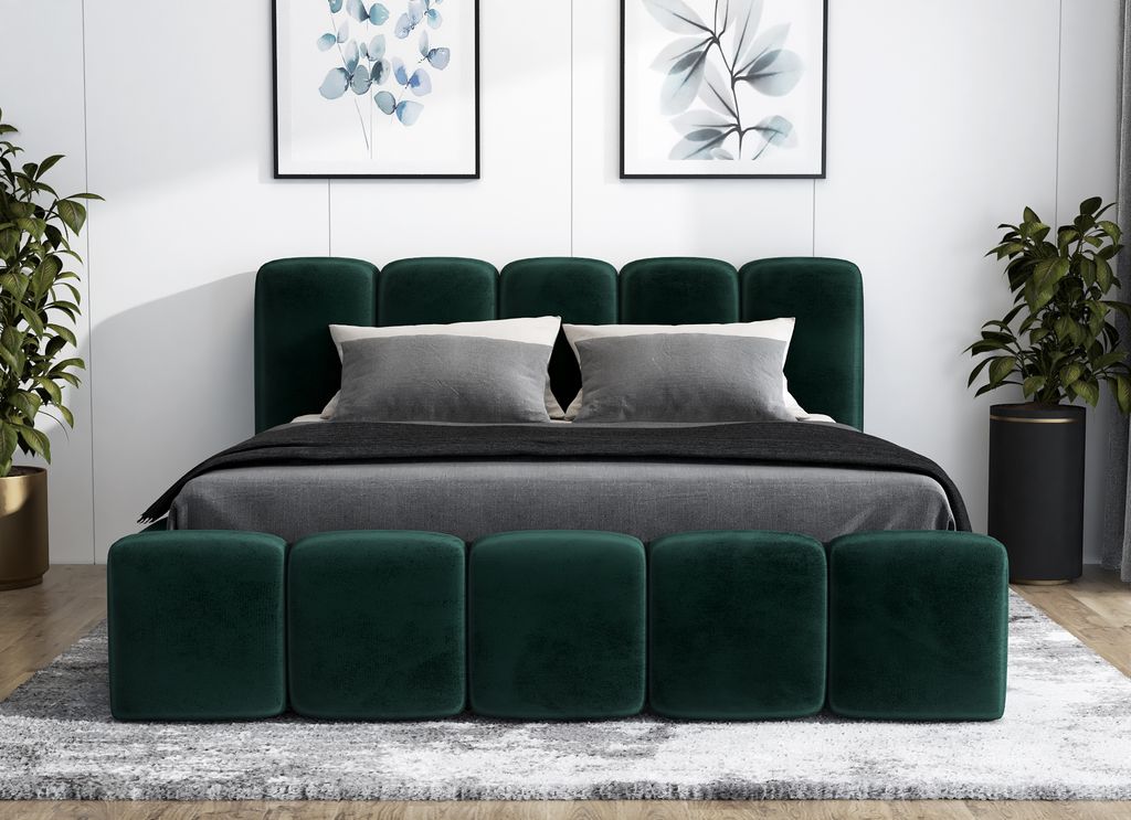 Polsterbett SON-OM 90x200 cm mit Bettkasten und Lattenrost. Farbe: Grün.