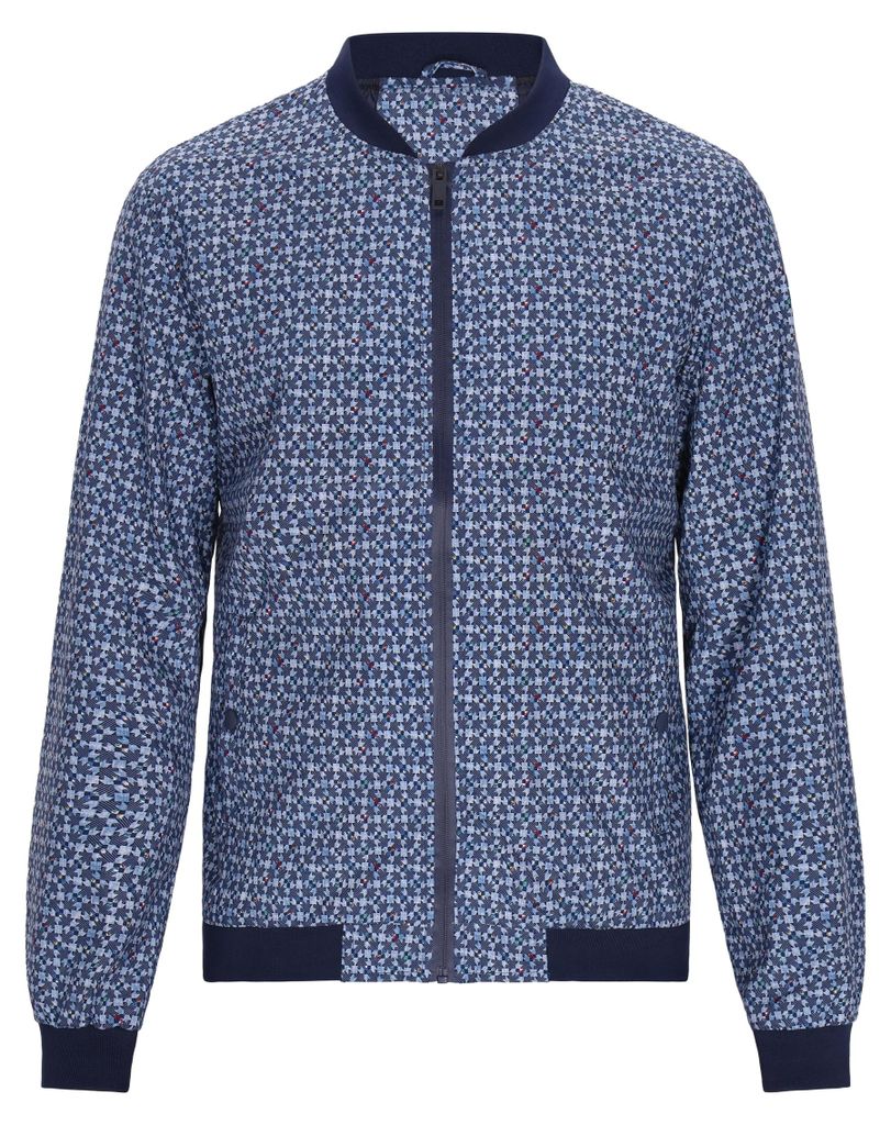 Herren Bomberjacke mit geometrischem Muster, Stehkragen, blau, Größe M