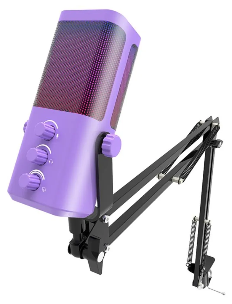 Microphone USB pour podcast et jeu vidéo avec bras fixe 66cm Violet