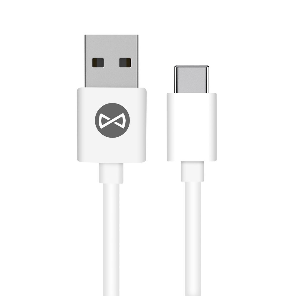 A white USB-A to USB-C charging cable is shown against a white background.