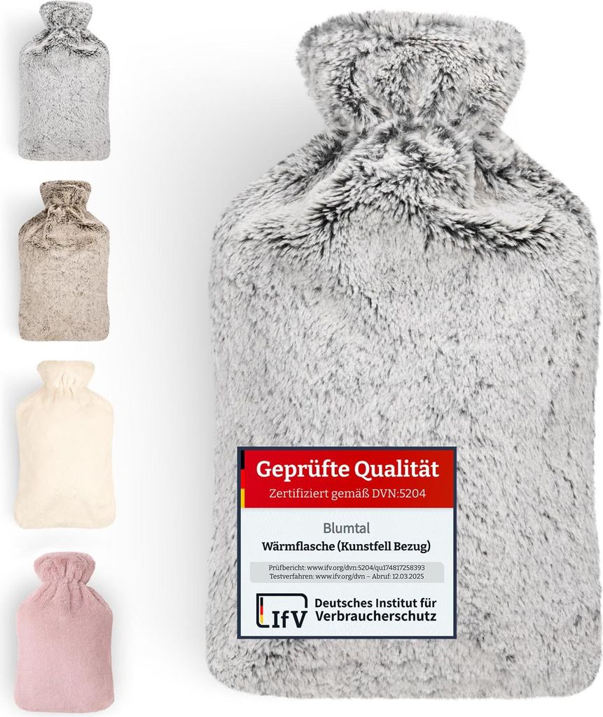A collage of hot water bottles, with a large one in the foreground and four smaller ones on the left.