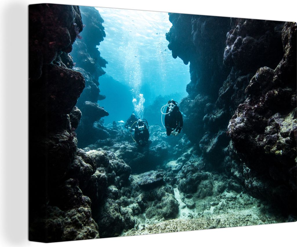 OneMillionCanvasses - Leinwandbilder - 140x90 cm, Zwei Taucher schwimmen zwischen zwei steilen Felswänden, Wandbilder Kunstdruck Wanddekoration ...