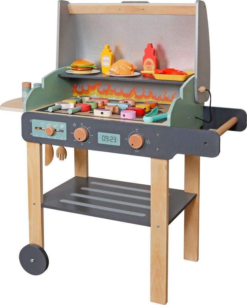 Holzgrill Spielzeug Set mit Zubehör für Kinder - Grillstation aus Holz mit Lebensmitteln und Küchengeräten