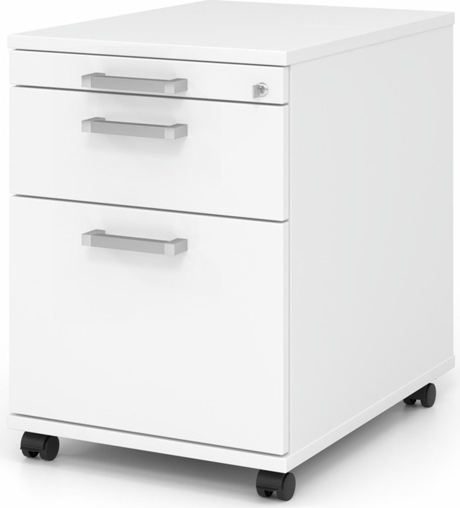 Rollcontainer Aimo | Weiß | HxBxT 59x42,8x58cm | Chromgriff | 3 Schübe | Mit Schloss & Zentralverriegelung