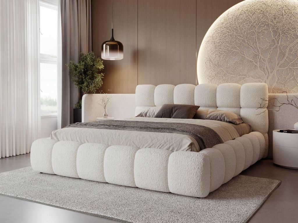 GrainGold Polsterbett Modo 140x200 cm - Bett 140x200, Polsterbett mit Bettkasten & Lattenrost - Bett mit Bouclé-Stoff - Beige