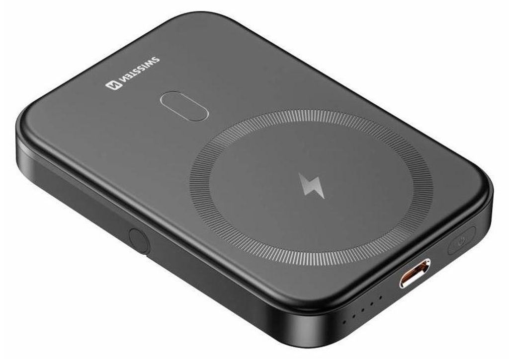 A black power bank with a wireless charging pad.