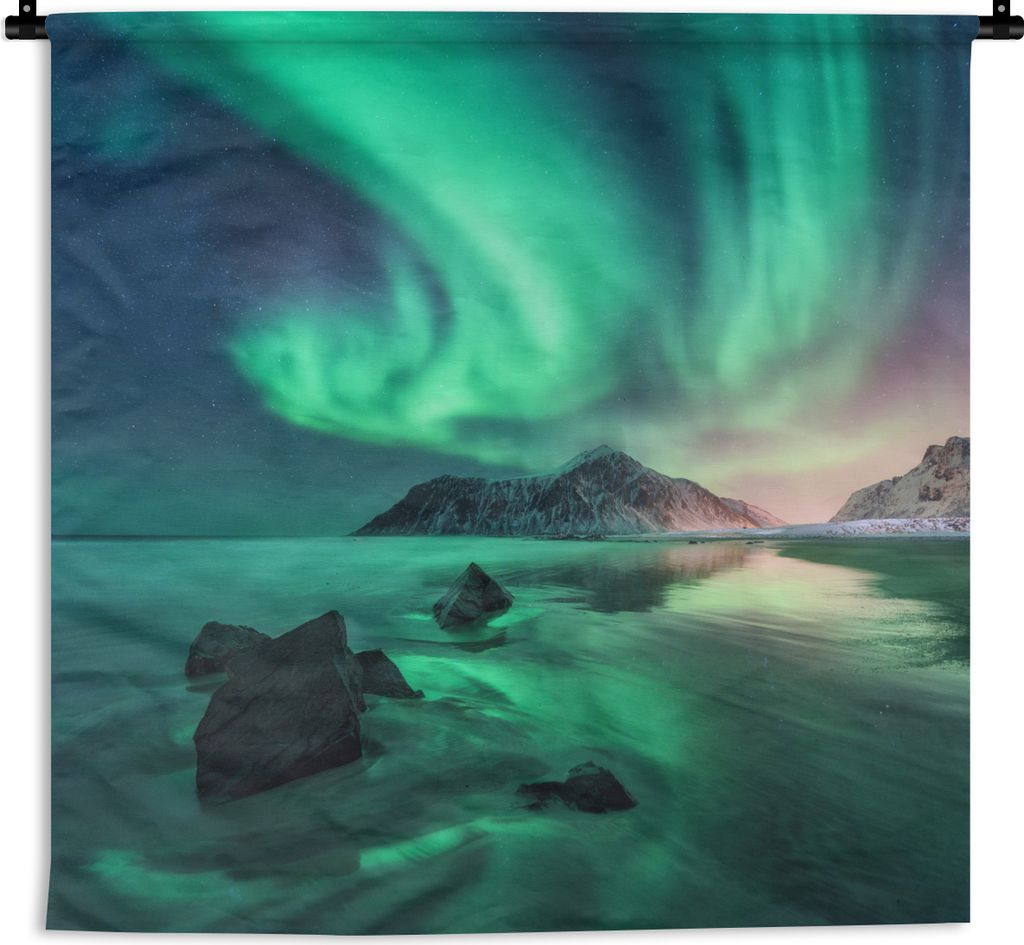 MuchoWow Wandteppich Wandbehang Nordlichter - Nacht - Reflexion - Norwegen 90x90 cm Tapisserie Dekoration Wandtuch - Wandaufhänger