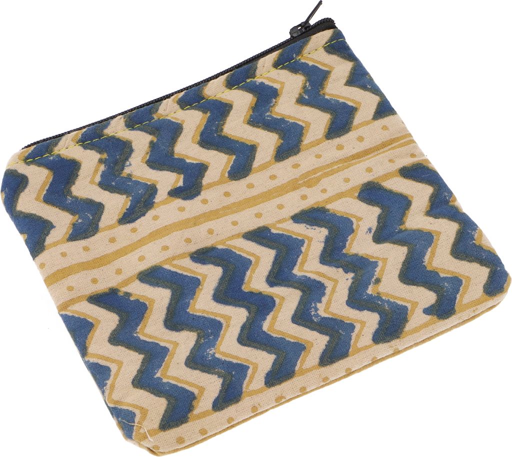 Kleiner Geldbeutel, Kosmetiktasche aus Blockdruck Stoff - Modell 9, Uni - Erwachsene, Blau, Baumwolle, 12*14*1 cm, Portemonnaies