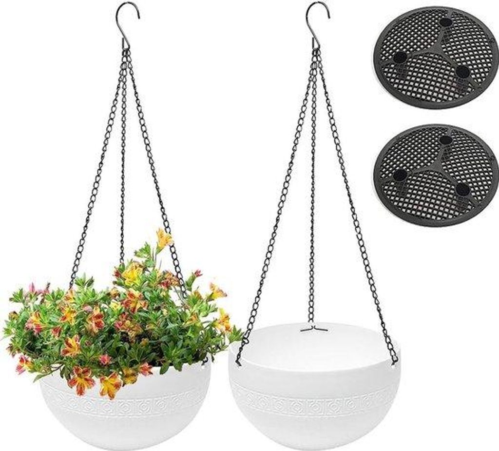 Zwei hängende Blumenschalen für Außen mit Entwässerungslöchern, automatische Bewässerung, rostbeständige Kette, für Innen- und Außenbereic...
