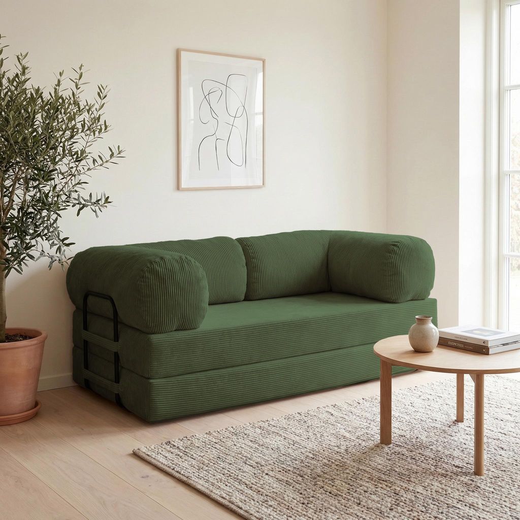Idohome - Sofa MUNO, Cordsofa ausziehbar 200x100x86 cm mit Schlaffunktion, 2 Matratzen, Metallgestell - Farbe: Flaschengrün Poso 14