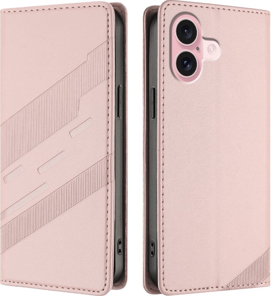 Hülle für iPhone 16, Kunstleder Brieftaschen Handyhülle mit Kartenfach und Standfunktion Pink